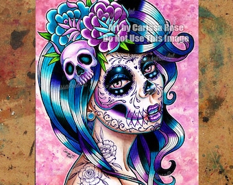 Art Print | In Between | Tattooed Day of the Dead Sugar Skull Girl With Roses Tattoo Art Signed Print | 5x7, 8x10, 10.5x13.8, or 11x17 Inch