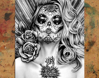 Art Print | Oh, Mother! | Day of the Dead Sugar Skull Girl Black and White Tattoo Art Portrait | 5x7, 8x10, 10.5x13.8, or 11x17 inch