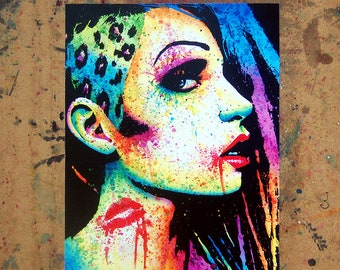 Art Print | Intoxicated | Colorful Edgy Alternative Punk Rock Leopard Print Hair Girl With Kiss Mark | 5x7, 8x10, 10.5x13.8, or 11x17 inch