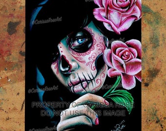 Art Print | Evening Bloom | Pretty Dia De Los Muertos Day of the Dead Sugar Skull Girl With Pink Rose | 5x7, 8x10, 10.5x13.8, or 11x17 inch