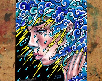 Art Print | Thinking of You Art Print | 5x7, 8x10, 10.5x13.8, or 11x17 in | Lowbrow Tattoo Portrait Lightning and Storm Clouds Sad Rain Girl