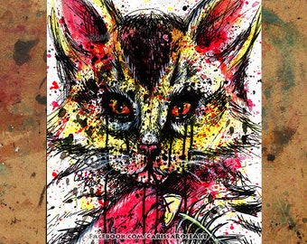 Art Print | Bad Kitty | Poster | Colorful Edgy Pop Art Graffiti Red and Yellow Cat Painting Street Art | 5x7, 8x10, 10.5x13.8, 11x17 inch