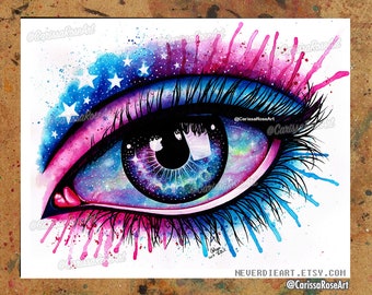 Art Print |  Eye IV | Colorful Painting Pop Art Galaxy Pretty Fashion Edgy Pink and Blue Outer Space Stars | 5x7, 8x10, 10.5x13.8, or 11x17