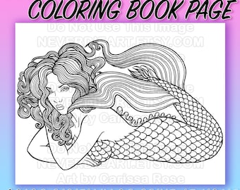 Digital Download Print Your Own Coloring Book Outline Page - Pretty Tattoo Flash Pin Up Mermaid Girl