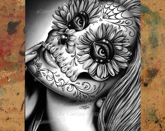 Art Print | Lady of the Dead | Day of the Dead Sugar Skull Flower Girl Tattoo Art Portrait | 5x7, 8x10, 10.5x13.8, or 11x17 Inches