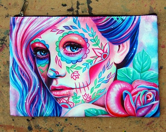 Cosmetic Bag Case | Ella By Carissa Rose | Pretty Lowbrow Pastel Goth Sugar Skull Tattoo Flash Girl Pencil Pouch Makeup Bag