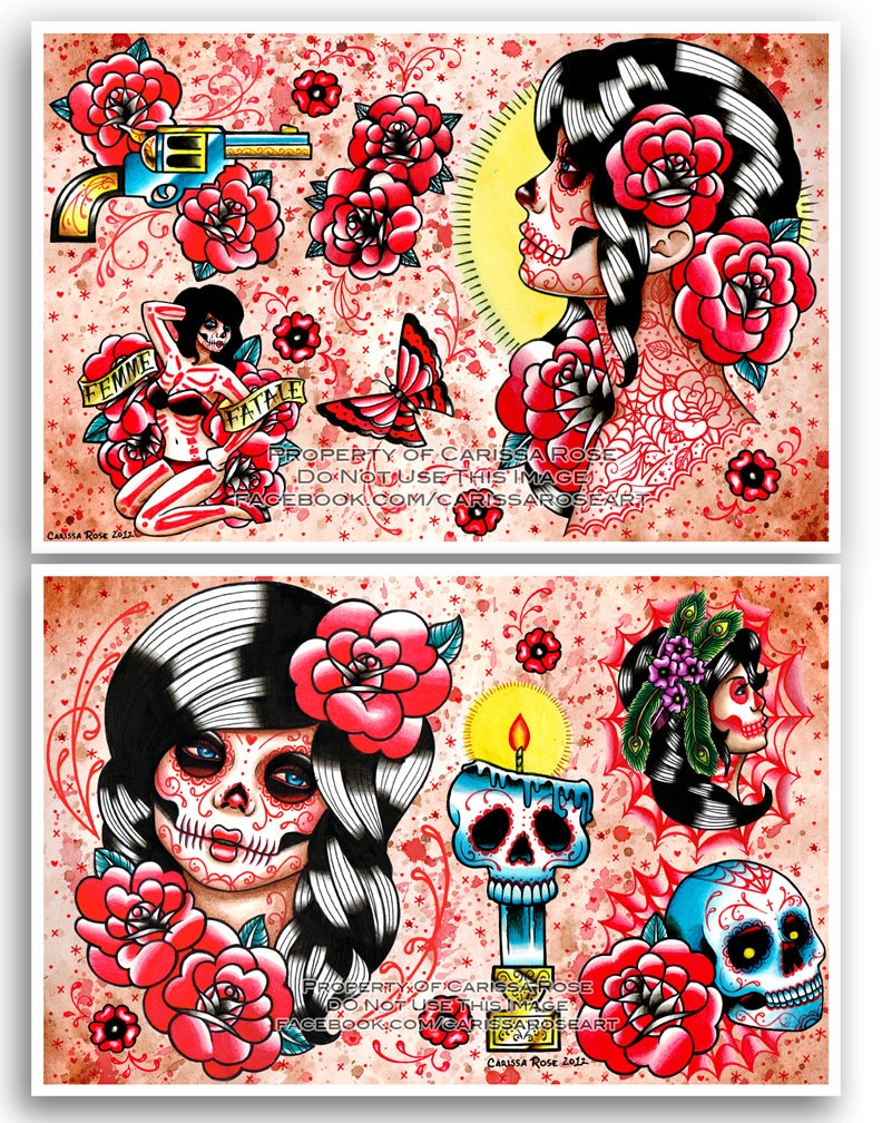 Set of FOUR 11x17 Day of the Dead Tattoo Flash Sheets WITH