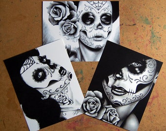 Set of THREE Art Prints - Black and White Day of the Dead Portraits 5x7, 8x10, apprx 11x14