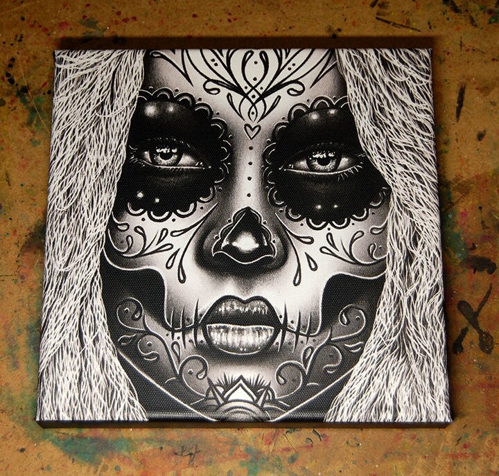8x8 in Stretched Canvas Print | "Delia" | Square Black and White Day of the Dead Sugar Skull Girl Gothic Calavera Tattoo Illustration