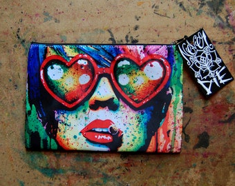 Cosmetic Bag Case | Electric Wasteland by Carissa Rose | Pretty Colorful Rainbow Edgy Punk Rock Girl Heart Sunglasses Pop Art Pencil Case