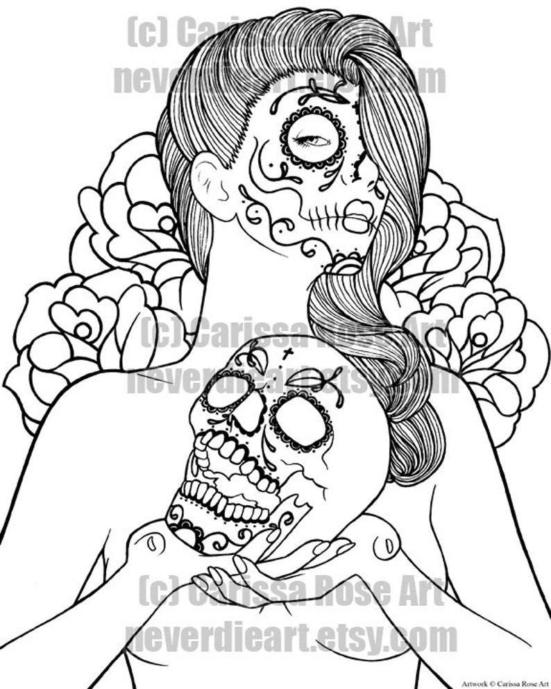 Digital Download Print Your Own Coloring Book Outline Page Memories Sugar Skull Pin Up by Carissa Rose image 2