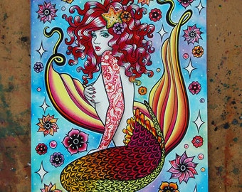 ORIGINAL PAINTING | Rainbow Tattoo Mermaid Pin Up Girl Lowbrow Surreal Fantasy Tattoo Art | "Electric Ocean II" by Carissa Rose 8.5x11 Inch