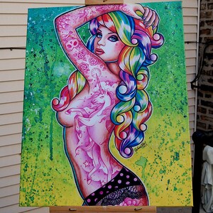 30x40 in Stretched Canvas Print | "Shock Tart" | Pretty Rainbow Haired Tattooed Pin Up Girl Lowbrow Punk Rock Outsider Art | Hand Signed