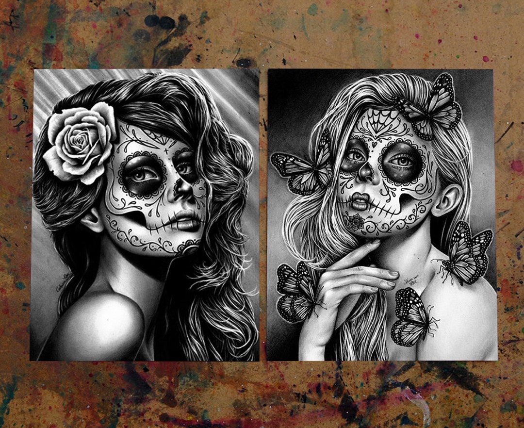 Set of TWO Separate Day of the Dead Portrait Art Prints - Duality