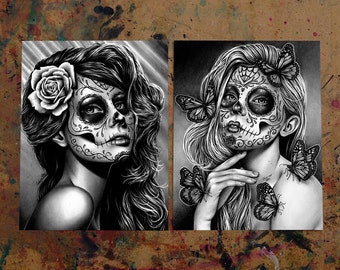 Set Of TWO Separate Day of the Dead Portrait Art Prints - Duality and Mariposa Set - 5x7, 8x10, or apprx. 11x14 in Prints