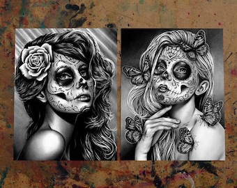 Set Of TWO Separate Day of the Dead Portrait Art Prints - Duality and Mariposa Set - 5x7, 8x10, or apprx. 11x14 in Prints