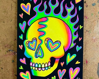 ORIGINAL 5x7 inch Painting | OOAK | Watercolors and Gouache | Colorful Rainbow Neon Trippy Tattoo Heart Skull