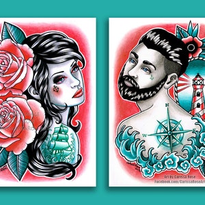 Set Of TWO Separate Art Prints Nautical Romance Down With the Ship Set 5x7, 8x10, or Apprx. 11x14 inch Prints Tattoo Parlor Decor image 2