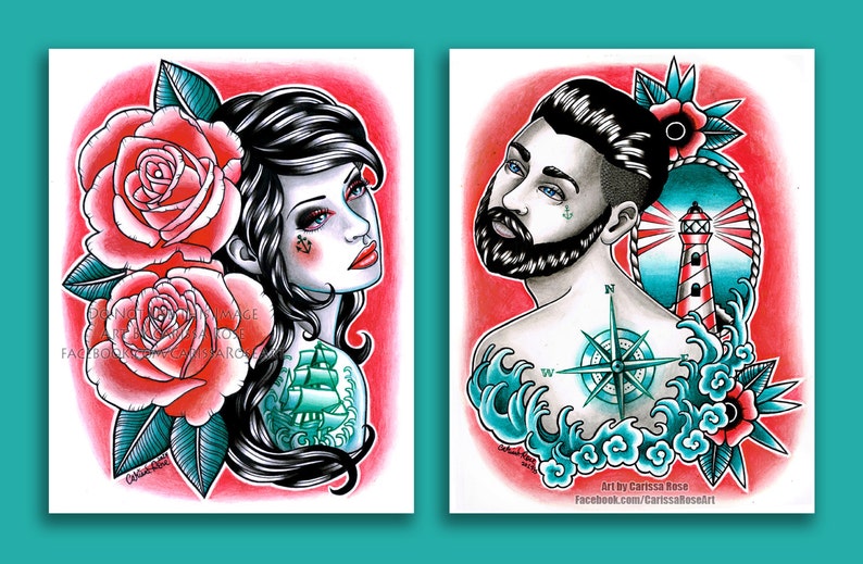 Set Of TWO Separate Art Prints Nautical Romance Down With the Ship Set 5x7, 8x10, or Apprx. 11x14 inch Prints Tattoo Parlor Decor image 2