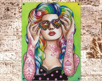 Poster | Tapestry | Metal Art Print | Sweet Heart | Lowbrow Rainbow Punk Rock Pop Art Colorful Tattooed Pin Up Girl Heart Sunglasses