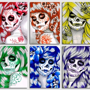 Set of SIX Signed Art Prints Spectrum Series 5x7, 8x10, or apprx. 11x14 Prints Rainbow Day of the Dead Sugar Skulls image 2