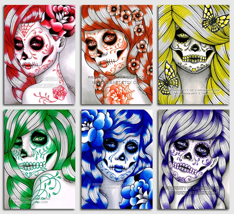 Set of SIX Signed Art Prints Spectrum Series 5x7, 8x10, or apprx. 11x14 Prints Rainbow Day of the Dead Sugar Skulls image 2
