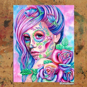 Art Print | Ella | Poster | Colorful Pastel Goth Day of the Dead Sugar Skull Girl With Rainbow Roses | 5x7, 8x10, 10.5x13.8, or 11x17 inch