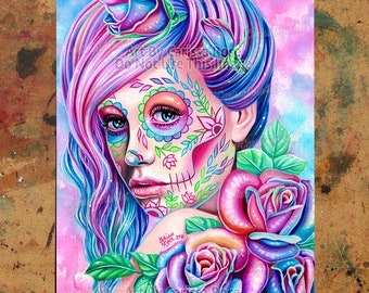 Art Print | Ella | Poster | Colorful Pastel Goth Day of the Dead Sugar Skull Girl With Rainbow Roses | 5x7, 8x10, 10.5x13.8, or 11x17 inch