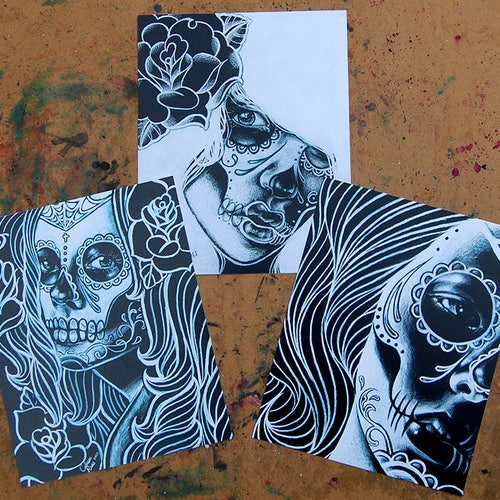 Set of THREE Art Prints Black and White Day of the Dead Etsy
