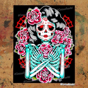 Impresión de arte / Ella se descompone, alimenta las rosas / Póster / Tapiz / Impresión en metal / Arte del tatuaje de la chica de la calavera de azúcar Flash Skeleton