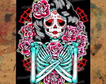 Art Print | She Decomposes, Feeds the Roses | Poster | Sugar Skull Girl Tattoo Art Flash Skeleton | 5x7, 8x10, 10.5x13.8, or 11x17 in