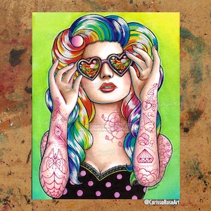 Art Print | Sweet Heart | Edgy Alternative Punk Colorful Tattooed Pin Up Girl With Rainbow Hair | 5x7, 8x10, 10.5x13.8, or 11x17 Inch