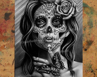 May include: Black and white drawing of a woman with a sugar skull makeup design, a rose in her hair, and a butterfly on her hand. The drawing is signed "Carissa Rose" and dated "2021".