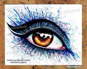 Art Print | Eye II | Colorful Painting Pop Art Makeup Pretty Fashion Brown Eye w/ Blue Splatter Makeup | 5x7, 8x10, 10.5x13.8, or 11x17 in.