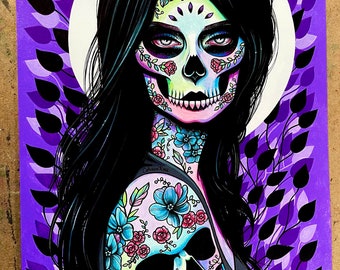 ORIGINAL 11x14 Inch Gouache Painting | Already Dead | Day of the Dead Sugar Skull Girl With Flowers and Skull Tattoo