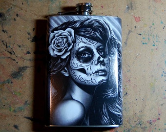 8oz Sugar Skull Stainless Steel Flask - HipFlaskPlus