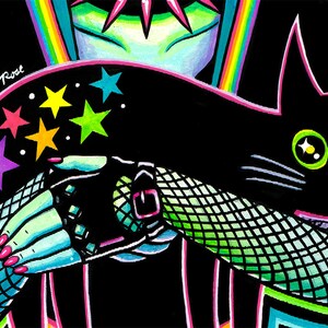 May include: A black cat with green eyes and a white star on its forehead is being held by a person wearing a black fishnet glove with a silver buckle. The person's arm is adorned with colorful stars.