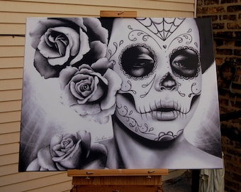 24x30 in Stretched Canvas Print | &quot;Felicity&quot; | Large Dia De Los Muertos Tattoo Flash Day of the Dead Sugar Skull Girl | Huge Signed Wall Art