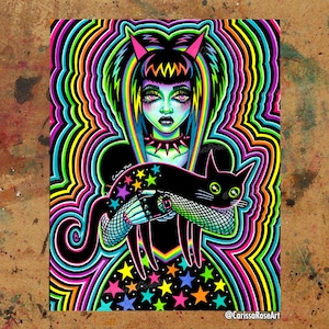 May include: A black and white illustration of a woman with black hair and horns, wearing a black dress with a rainbow pattern and holding a black cat. The background is a swirling pattern of rainbow colors.