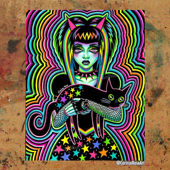Codependent | Poster | Tapestry | Metal Print | Colorful Neon Emo Punk Girl With Rainbows Stars and Black Cat