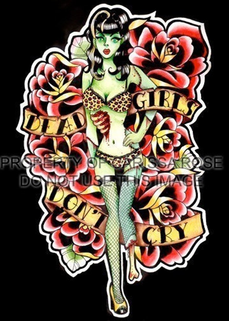 Art Print Dead Girls Don't Cry Lowbrow Zombie Pin Up Girl Horror Old School Traditional Tattoo Flash 5x7, 8x10, or 10.5x13.8 inch image 2