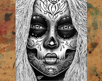 May include: Black and white drawing of a woman with a sugar skull makeup design. The skull is decorated with intricate floral patterns and the woman has long, flowing hair. The drawing is signed "Carissa Rose" in the bottom right corner.