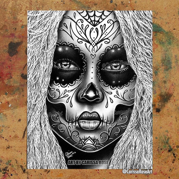 Black and White Day of the Dead Girl Tattoo Style Art Print | Unique Dia de  los Muertos Wall Decor