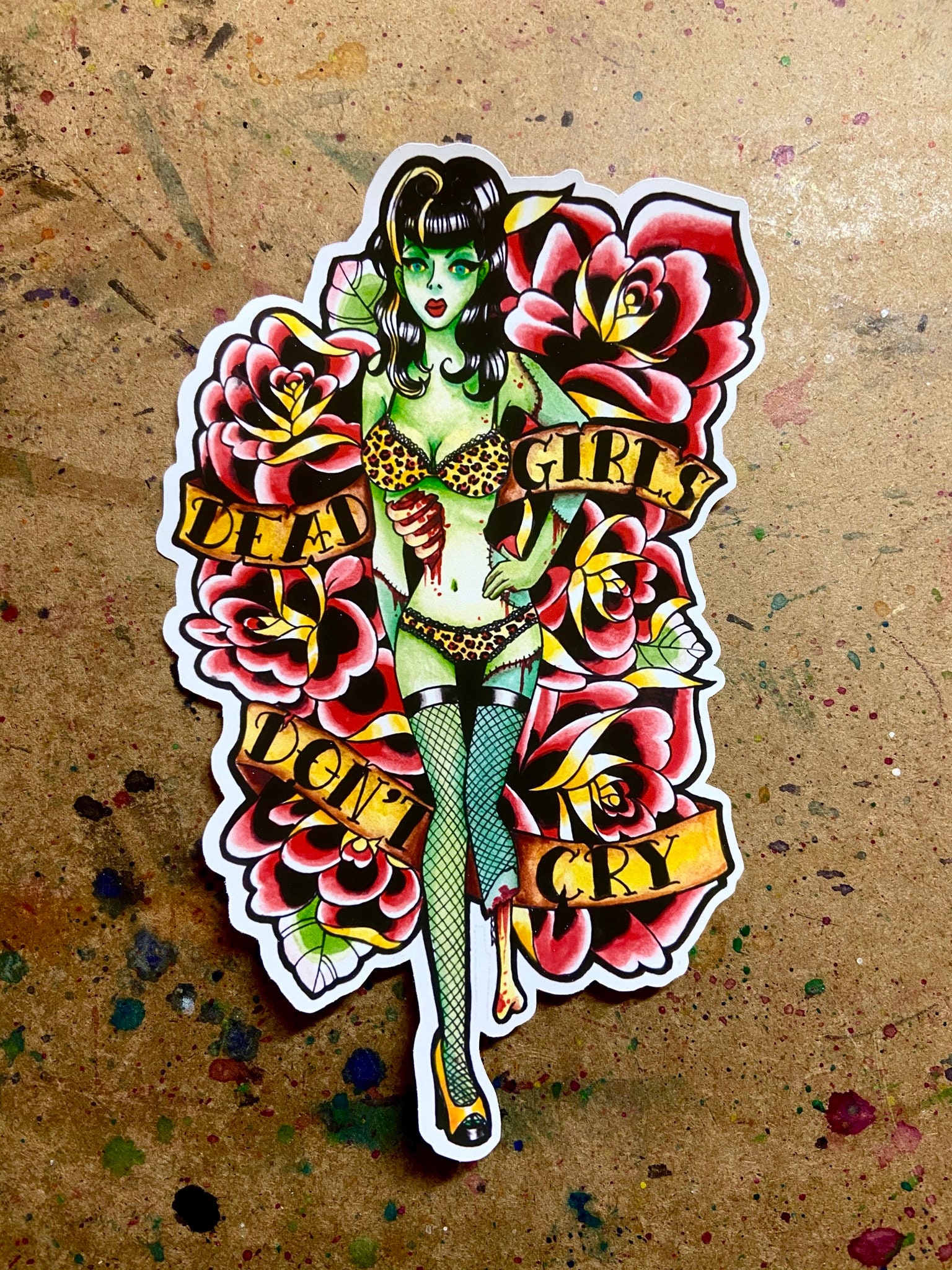 Full Color Sticker or Magnet | Old School Tattoo Zombie Pin-Up Girl Dead  Girls Dont Cry Horror Punk Goth Psychobilly, image size:1536x2048