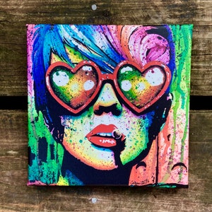 8x8 in Stretched Canvas Print | "Electric Wasteland" | Hand Signed Rainbow Edgy Fashion Punk Girl Portrait | Alternative Art Decor