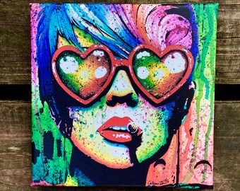 8x8 in Stretched Canvas Print | "Electric Wasteland" | Hand Signed Rainbow Edgy Fashion Punk Girl Portrait | Alternative Art Decor