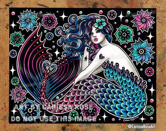 Art Print | Electric Ocean III | Poster | Lowbrow Colorful Tattooed Mermaid Pin-Up With Tattoo Flowers | 5x7, 8x10, 10.5x13.8, 11x17 inch