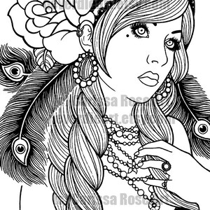 Digital Download Print Your Own Coloring Book Outline Page Gypsy Girl Tattoo Flash by Carissa Rose image 2