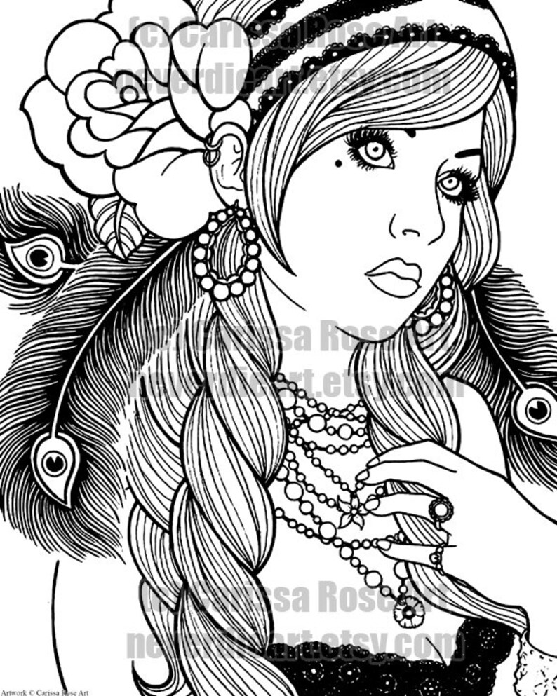 Digital Download Print Your Own Coloring Book Outline Page Gypsy Girl Tattoo Flash by Carissa Rose image 2