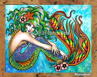 Art Print | Mermaid | Poster | Colorful Tropical Mermaid Under the Sea Rainbow Pin Up Girl | 5x7, 8x10, 10.5x13.8, or 11x17 in